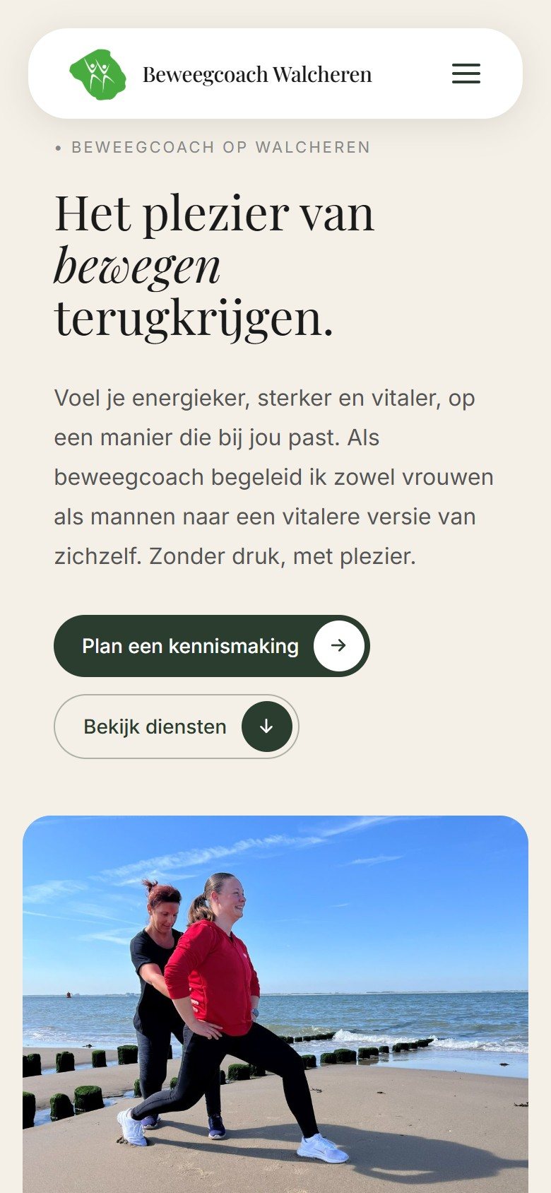 Dezelfde pagina van Beweegcoach Walcheren op een telefoonscherm